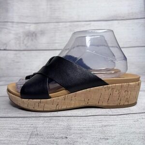 Kork-Ease Black Leather Crisscross Platform Wedge Slide Sandals K59703 Womens 8M